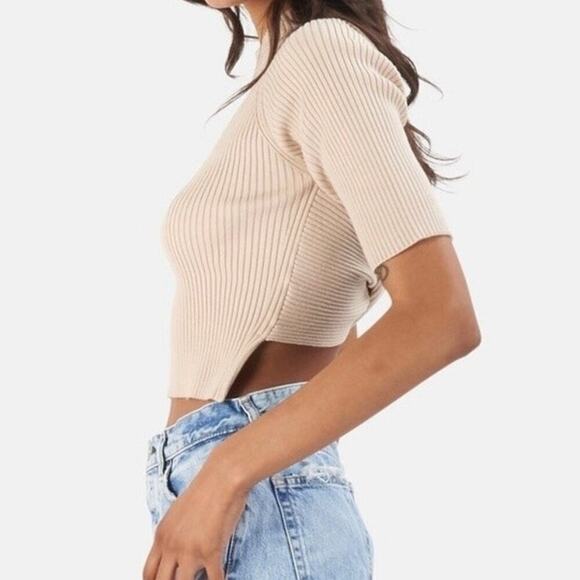 NWT NAADAM Twist Back Short Sleeve Top Beige Cashmere & Silk Blend Ribbed Small - Picture 3 of 10